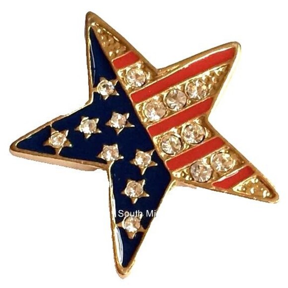 Gold Star American Flag Pin Brooch USA US Patriotic Crystal Enamel Plated July 4 - Picture 4 of 7